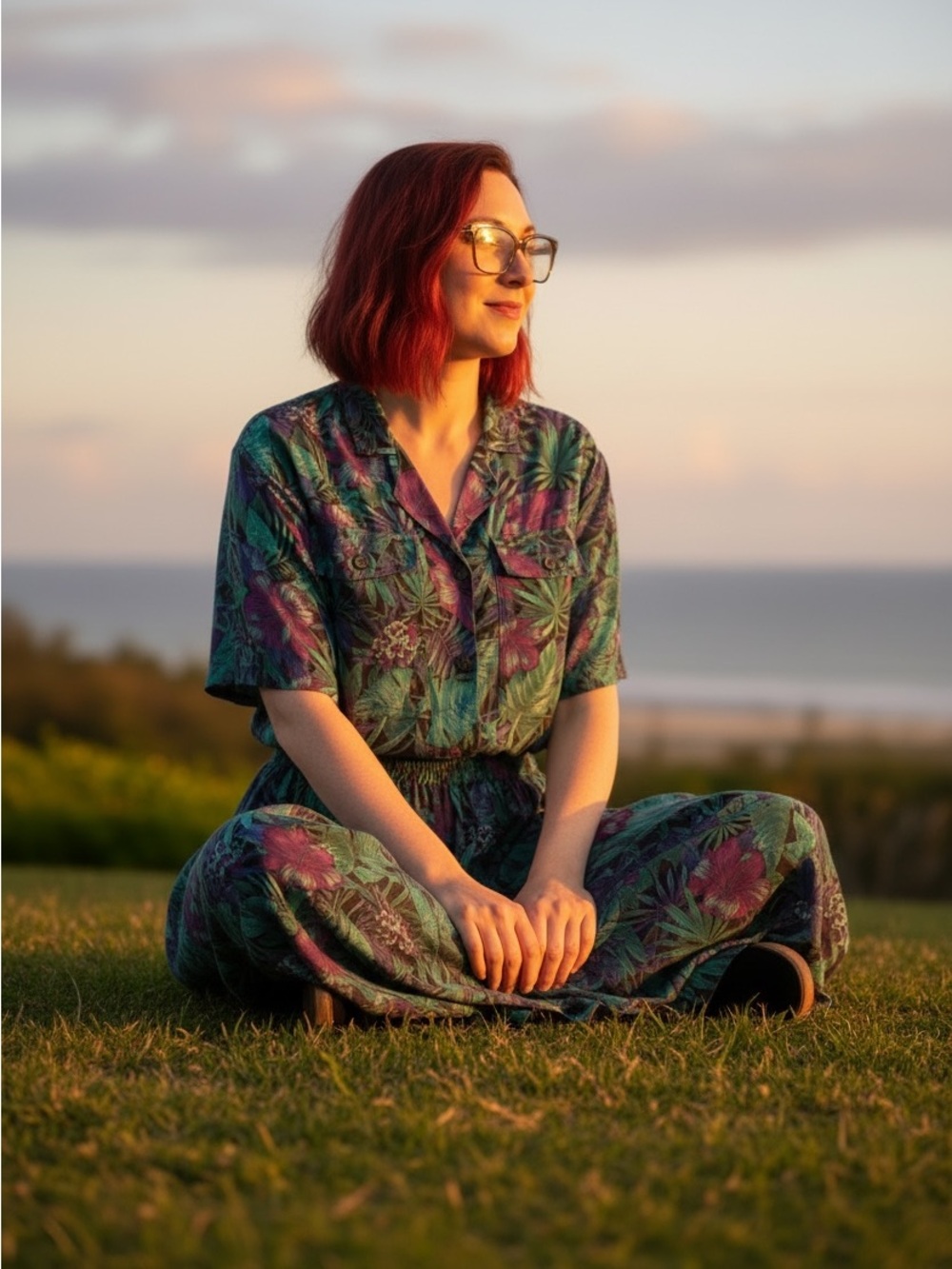 Vintage Doncaster Teal & Purple Tropical Short-Sleeve matching skirt set